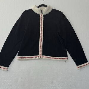 Vintage Christine Rotelli Fuzzy Collar Stitching accent Black Cardigan Sweater L